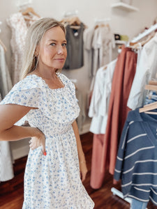 Fun & Flirty Off The Shoulder Floral Dress - Ivory/Blue