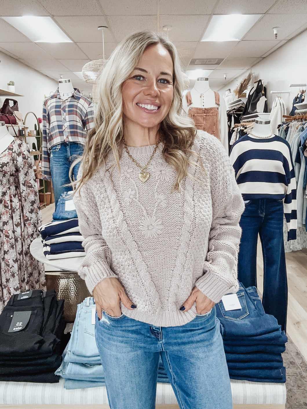 Bloomfield Knit Sweater with Floral Stitch Detail - Mocha