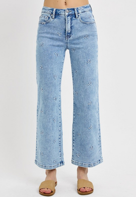 Hayden High Rise Wide Leg Embroidered Flower Denim Jeans