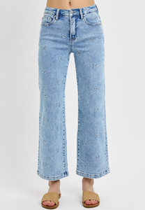 Hayden High Rise Wide Leg Embroidered Flower Denim Jeans