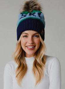 Ski Pom Hat - Green/Light Blue/Navy