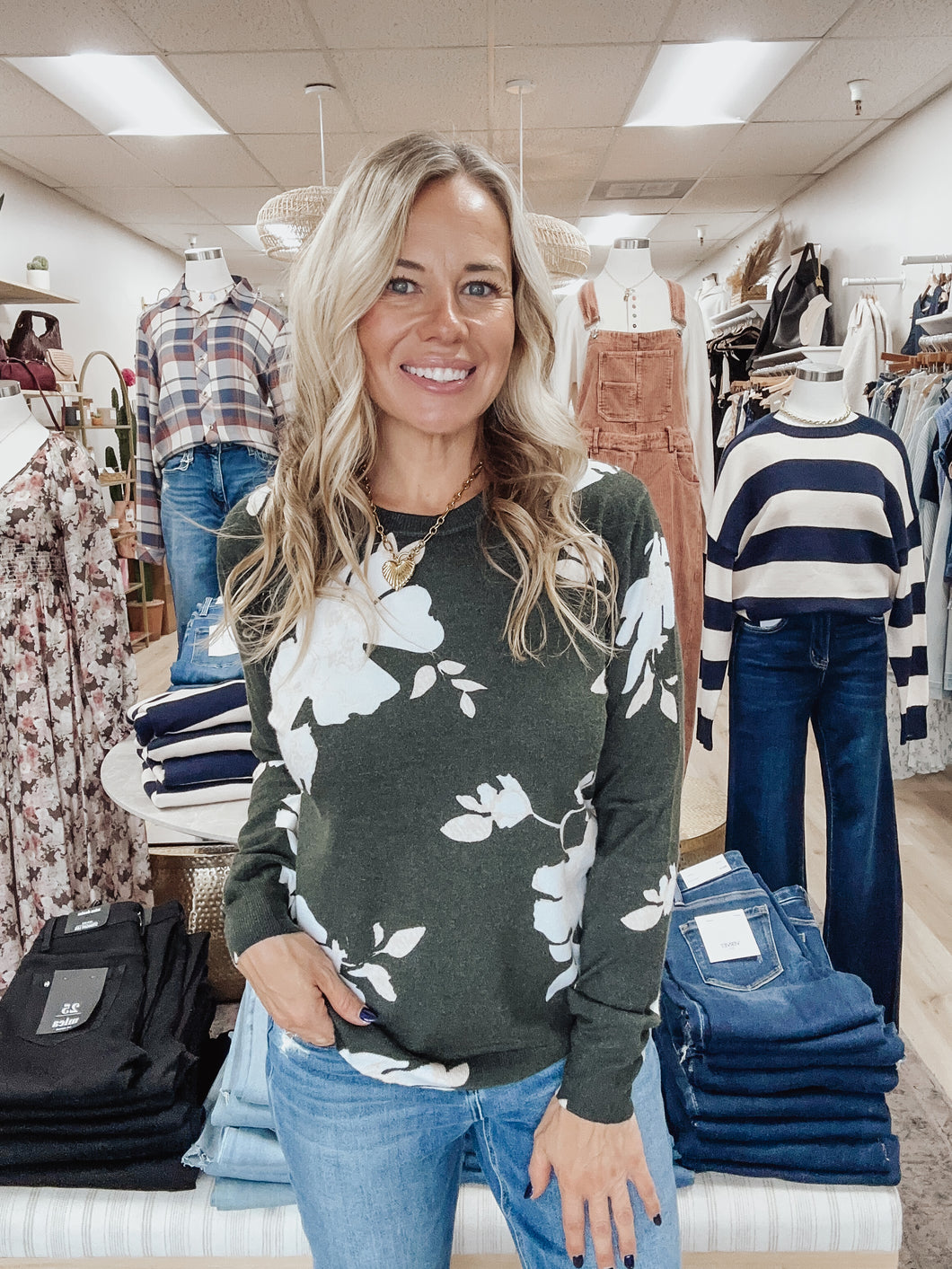 Olive Bloom Floral Printed Crew Neck Soft Knit Sweater - Olive