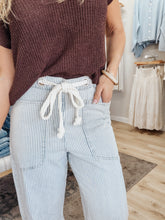 Coastal Errands Eyelet Rope Waist Tie Detail Stripe Denim Pants - Light Blue