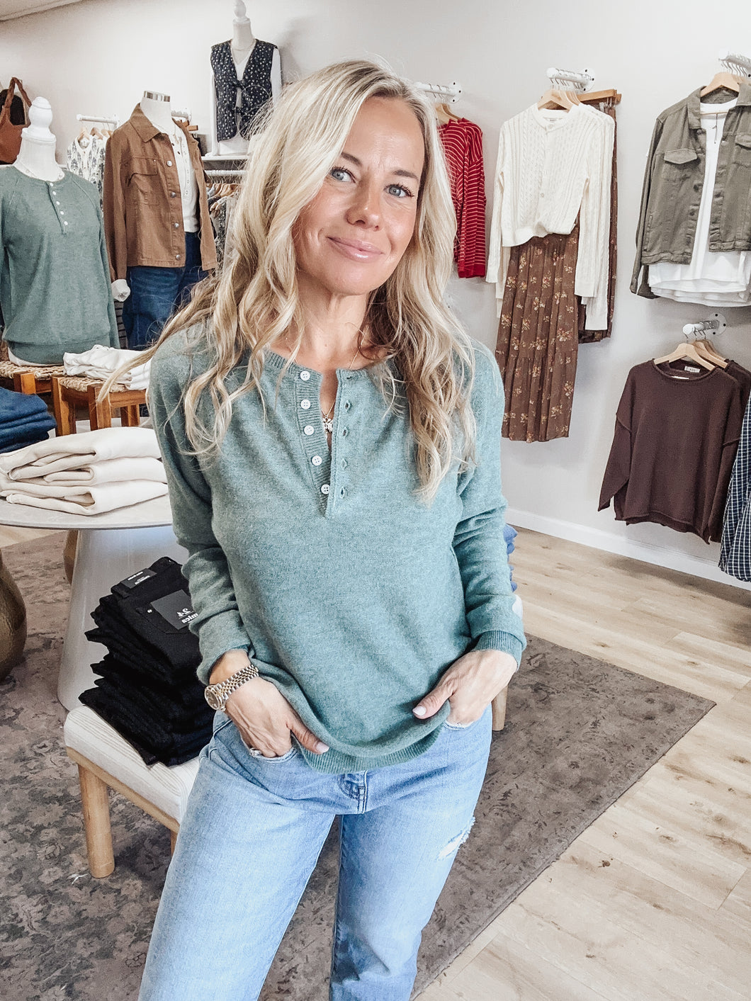 Sagewood Henley Button Long Sleeve Lightweight Pullover - Dusty Jade