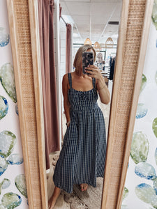 Hampton Check Plaid Corset Front Tie Midi Dress - Navy