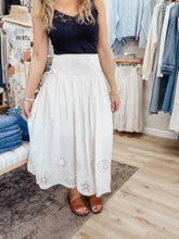 Seaside Stroll Nautical Eyelet Smocked Waist Midi Skirt - Ecru