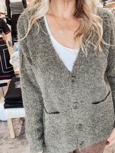 Evergreen V Neck Button Down Cardigan - Olive