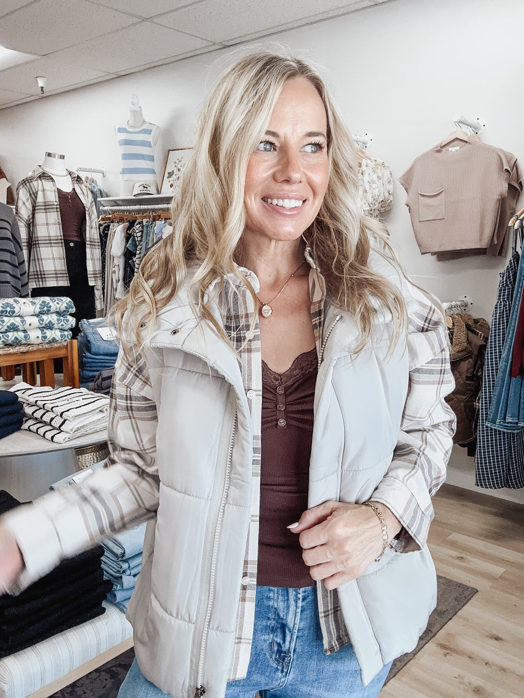 Friday Night Lights Solid Zip Up Puffer Vest - Cement