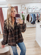 Fireside Plaid Sherpa Mock Neck Zip Up Jacket - Brown Multi