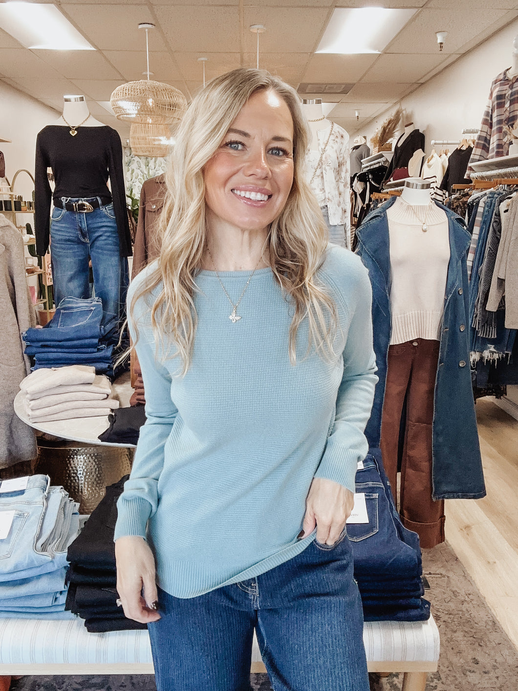 Wren Waffle Textured Mix Long Sleeve Pullover Sweater  - Dusty Blue