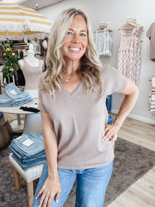 Hazelnut Luxe Contrast Stitch Accent Short Sleeve Pullover