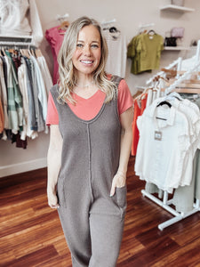 Knitted Jumpsuit with Large Pockets - Chocolate