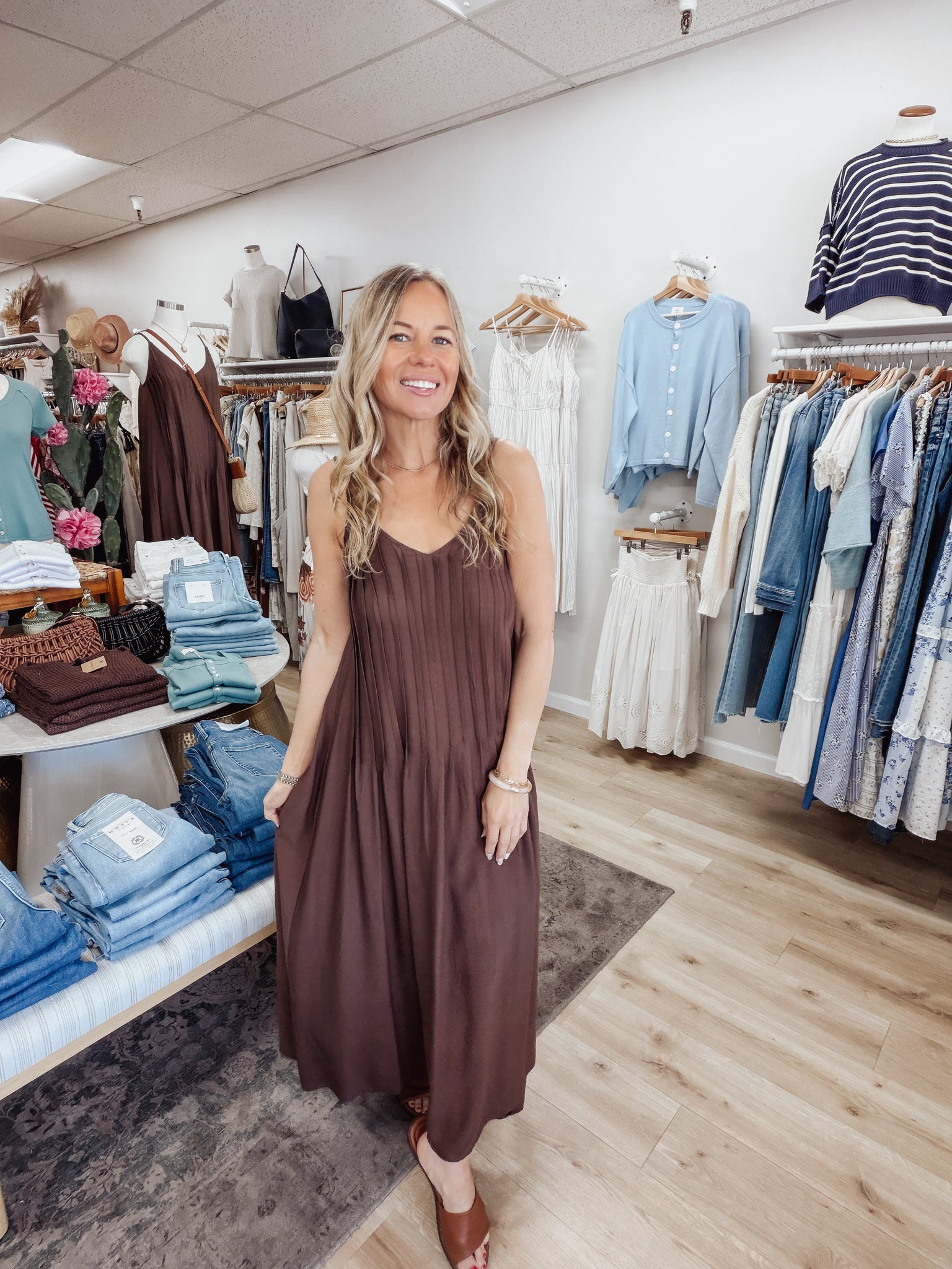 Cocoa Coast Pleated Pintuck Detail Spaghetti Strap Maxi Dress