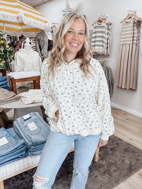Fernwood Floral French Terry Hoodie - Cream/Blue