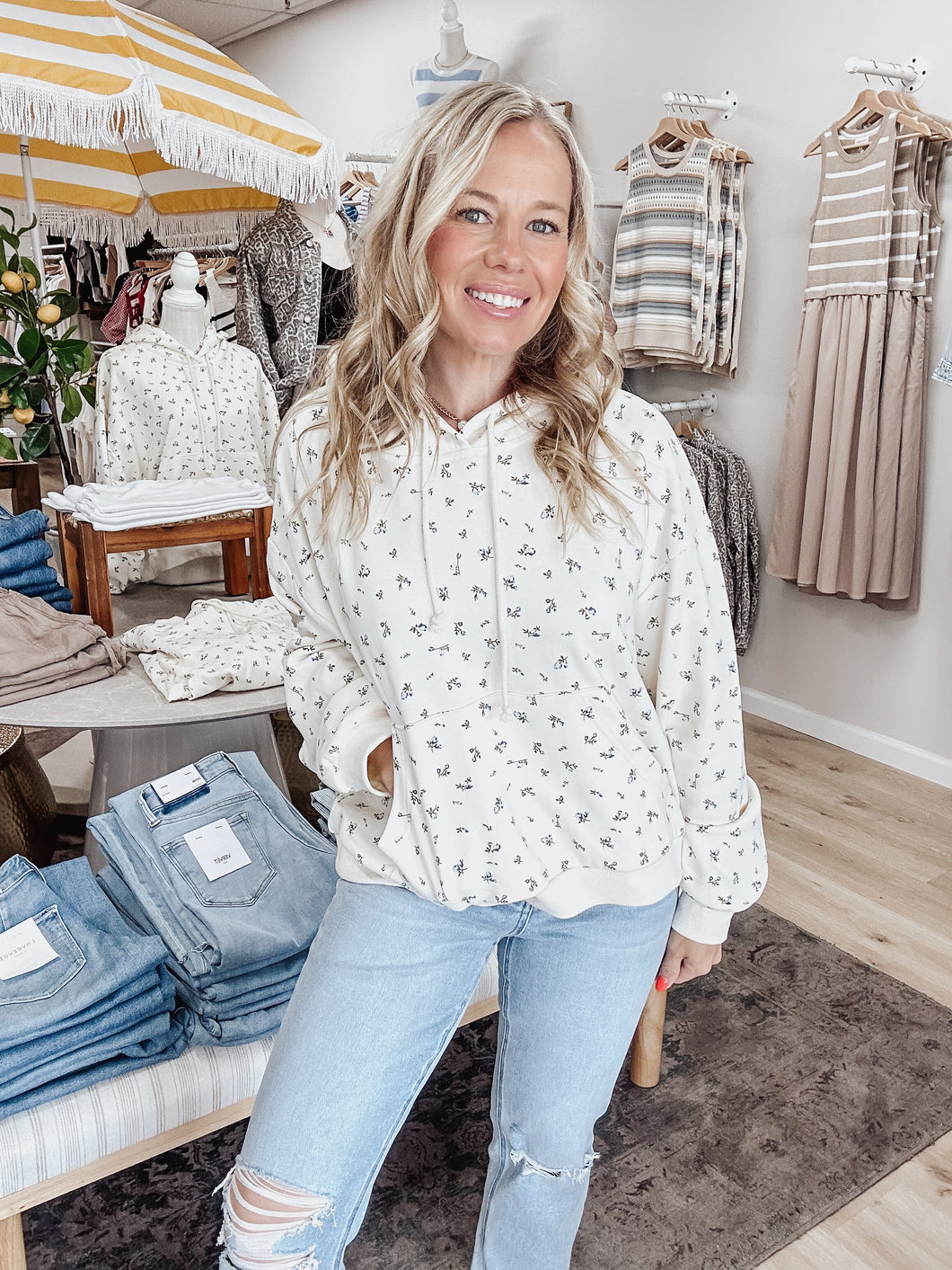 Fernwood Floral French Terry Hoodie - Cream/Blue