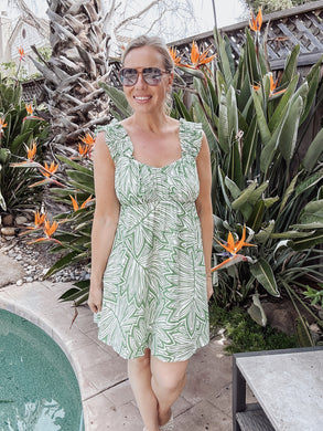 Tropical Leaf Print Ruched Mini Dress - Green