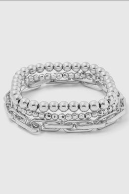 Metallic Ball Chain Link Stretch Bracelet Set - Silver