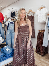 Espresso Affair Polka Dot Smocked Basque Waist Midi Dress - Chocolate