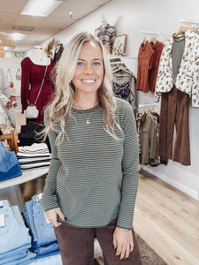 Pinstripe Crewneck Pullover Sweater - Dark Olive Grove