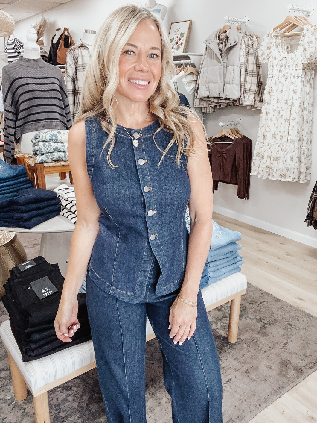 Westward Round Neck Button Down Sleeveless Denim Vest