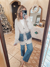 Denim Touch Knit Cardigan with Denim Pockets - Oatmeal