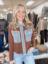 Manchester Knit Jacket with Denim Pocket & Collar Detail - Brown