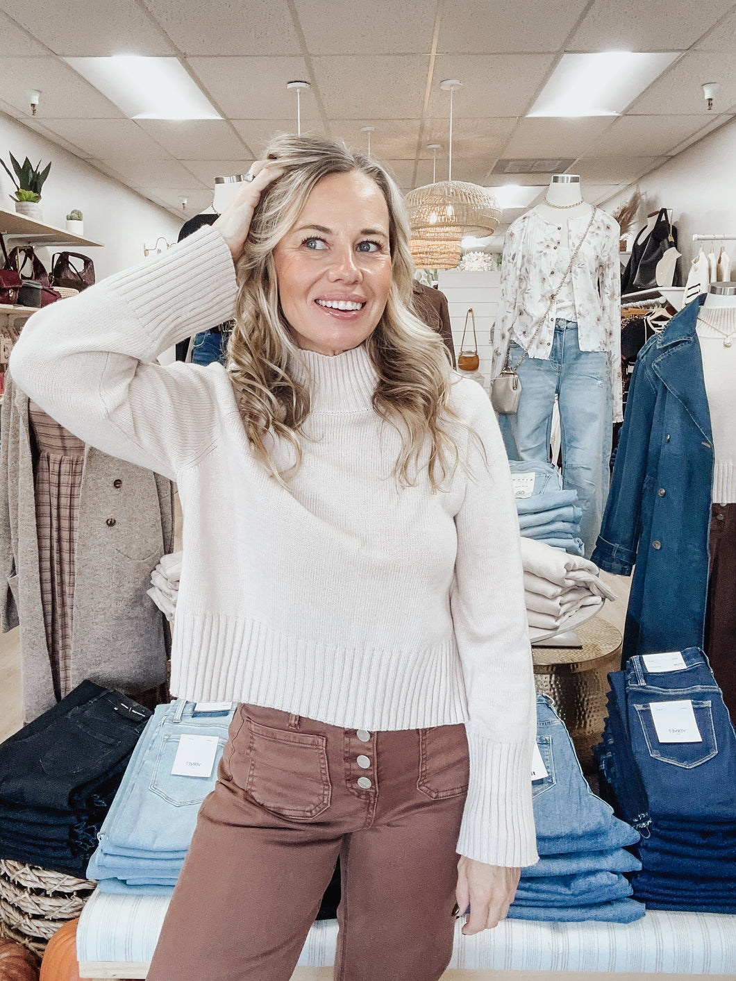 Evergreen Ultra Soft Mock Neck Classic Cut Sweater - Light Khaki