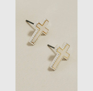Flat Pearl Cross Stud Earrings - Silver