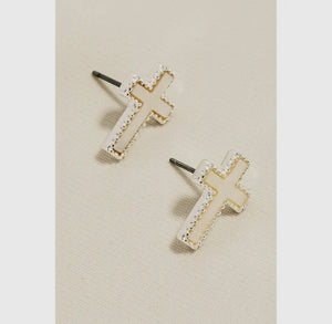 Flat Pearl Cross Stud Earrings - Silver