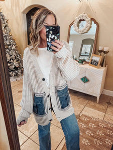 Denim Touch Knit Cardigan with Denim Pockets - Oatmeal