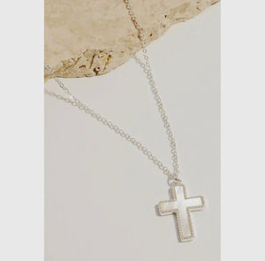 Flat Pearl Cross Chain Necklace - Silver/Ivory