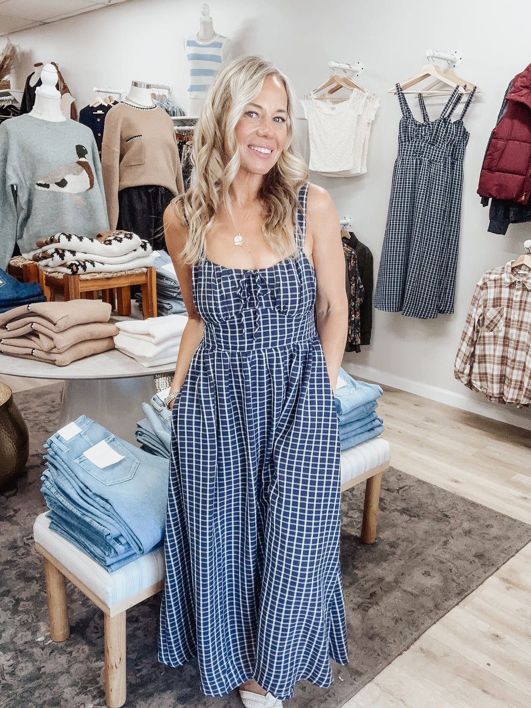Hampton Check Plaid Corset Front Tie Midi Dress - Navy