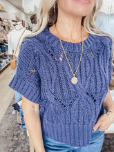 The Weekend Crochet Knit Short Sleeve Sweater - Navy