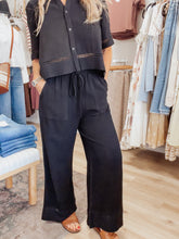 Midnight Society Soft Linen Blend Elastic Tie Waist Trim Detail Pants - Black