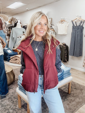 Friday Night Lights Solid Zip Up Puffer Vest - Burgundy