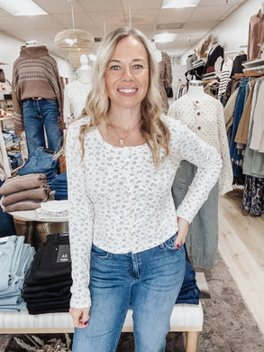 Meadow Lane Ribbed Long Sleeve Top - Cream Floral
