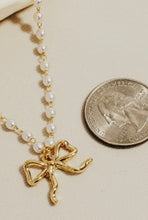 Pearl Chain Ribbon Bow Pendant Necklace - Gold