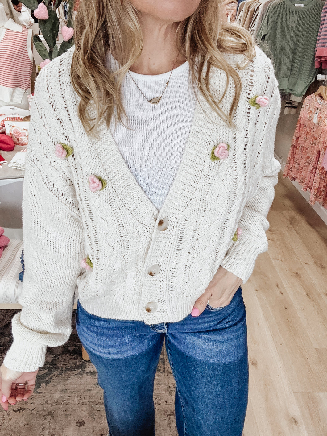 Rosette V-Neck Cable Cardigan - Cream