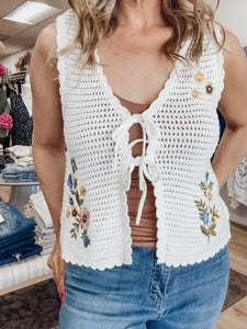 Wildflower Wishes Floral Embroidery Front Tie Crochet Vest - Ivory