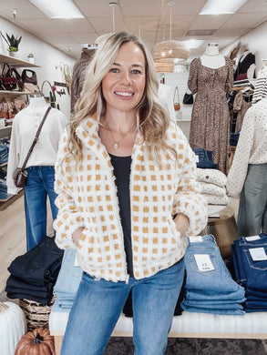 Honeycomb Checker Sherpa Zip Up Jacket - Golden