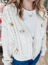 Rosette V-Neck Cable Cardigan - Cream