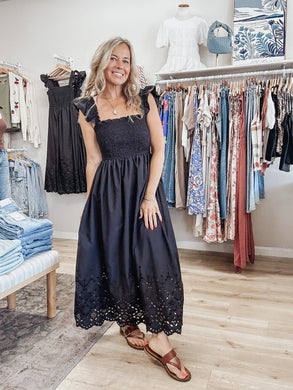 Willow Lane Smocked Ruffle Sleeve Eyelet Hem Dress - Black