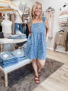 Daisy Ridge Floral Chambray Denim Square Neckline Dress