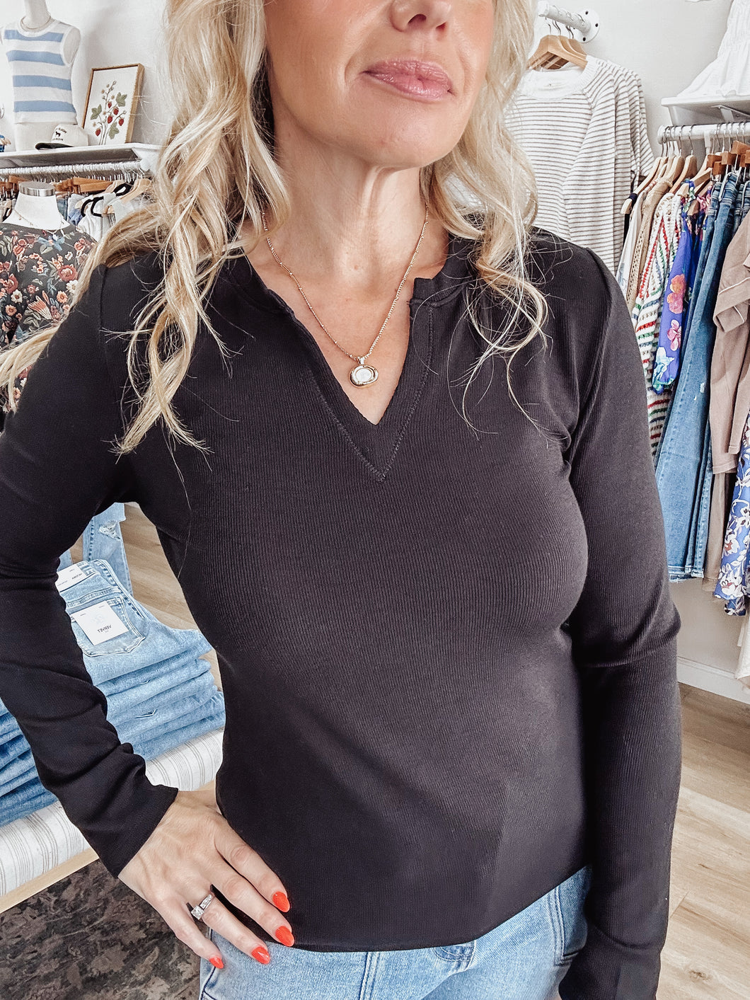 Everyday Luxe Modal Classic Ribbed Notched V Neck Long Sleeve Basic Top  - Black