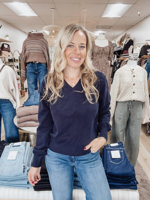 Old Money V Neck Sweater - Navy Blue