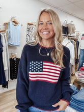 Liberty Stitch Knit Sweater Crew American Flag Pullover  - Navy