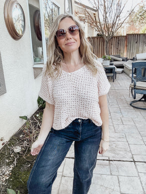 Boho Crochet Short Sleeve Top - Light Coral