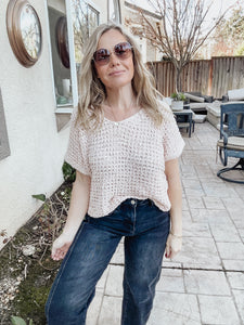 Boho Crochet Short Sleeve Top - Light Coral