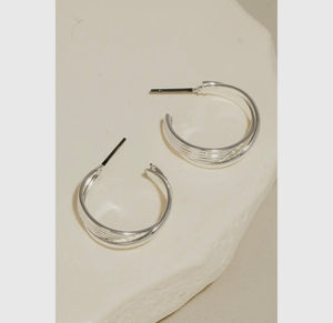 Small Intricate Layered Metallic Hoop Earrings - Silver
