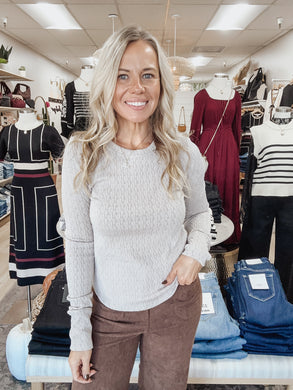 Softstone Puckered Jacquard Crew Neck Top with Thumbhole Detail - Taupe